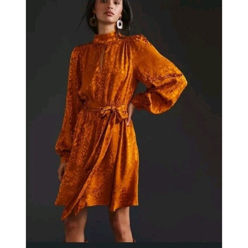 Anthropologie  Jacquard Mini Dress Women's Size Medium Maize Balloon Sleeves